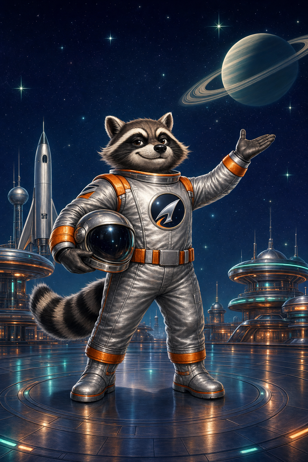 Rocket the raccoon astronaut welcoming players