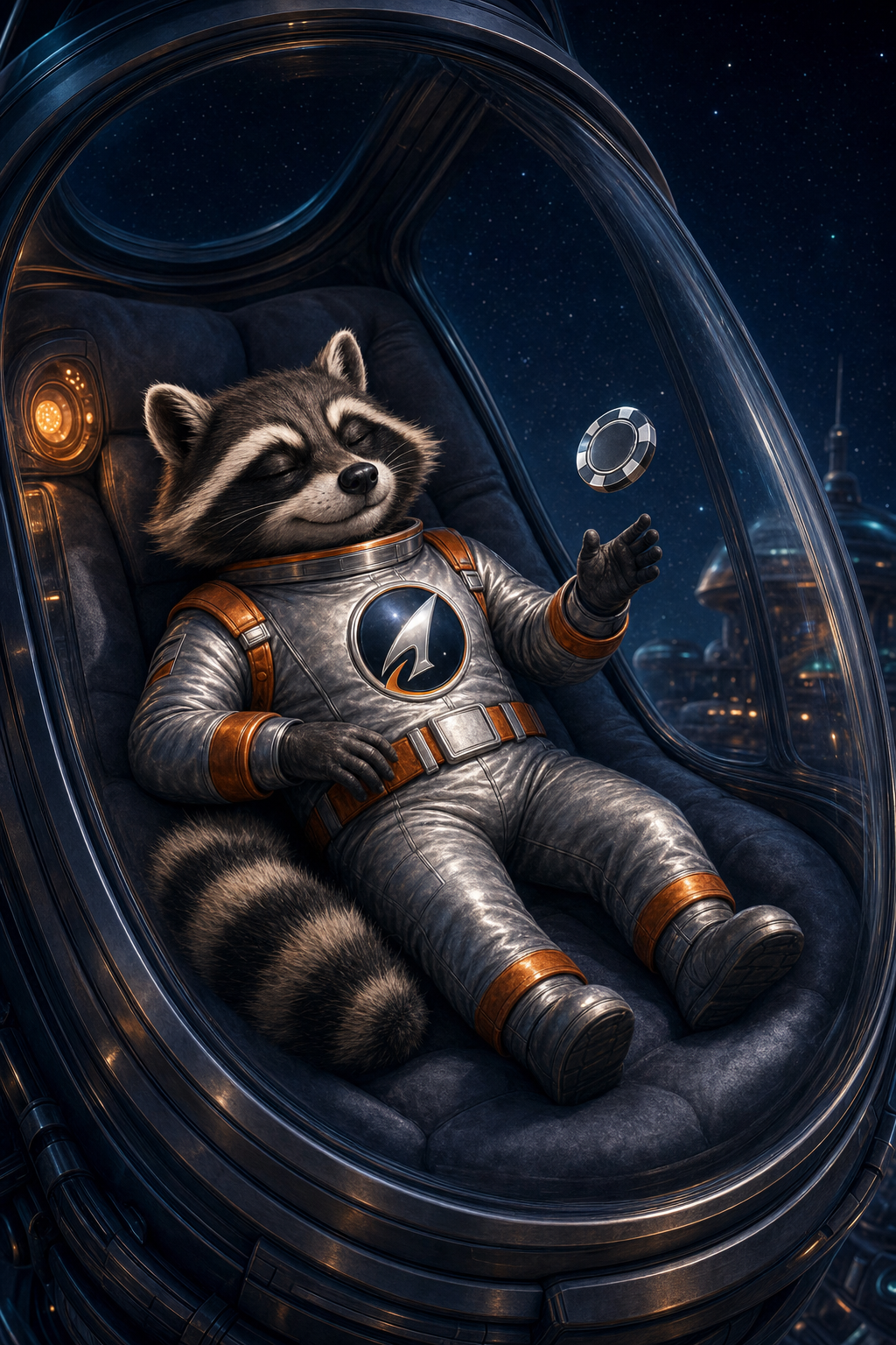 Rocket the raccoon astronaut asleep in his floating capsule until the next supply drop
